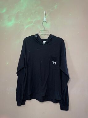 PINK Victoria's Secret Black Long-Sleeve Hooded Pullover with Dog Logo SZ L